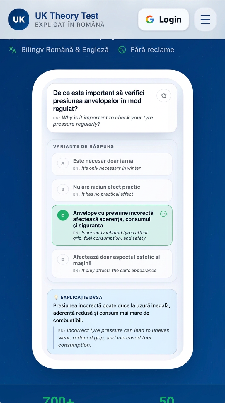 Previzualizare aplicație UK Theory Test cu întrebare bilingvă și explicație DVSA